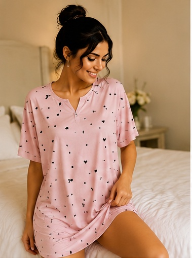 Women’s Pink Heart Print Short Sleeve Night Suit Set